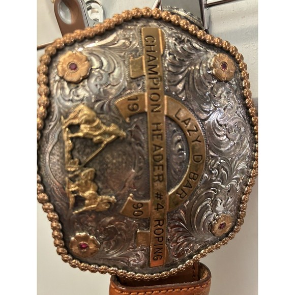 VTG Tony Lama 1 Inch Whipstitch Honey Leather Belt Champion Header Buckle Concho - Picture 2 of 8